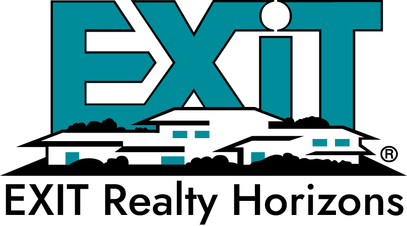 a blue and white exit logo with a house in the background