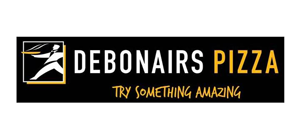 Debonairs Pizza logo on a black background: a chef figure in a golden frame, text 