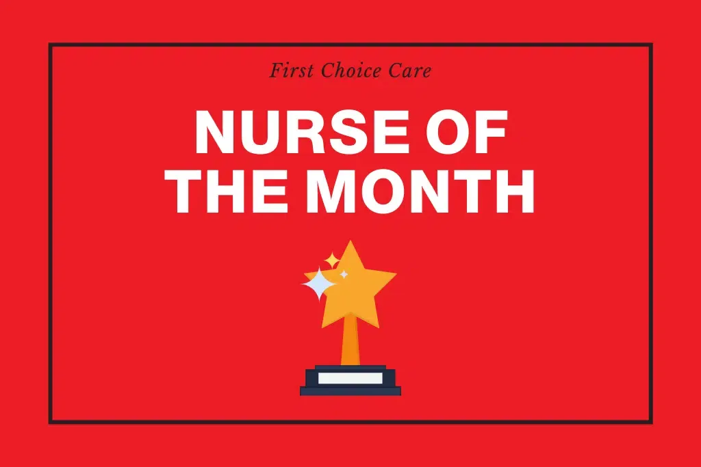 A red background with the words `` nurse of the month '' and a trophy with a star on it.