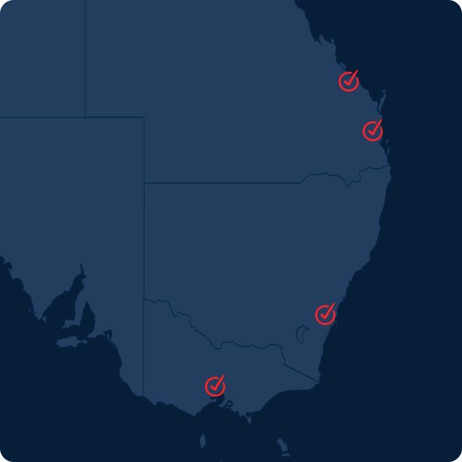 A blue map of australia with red circles on it.