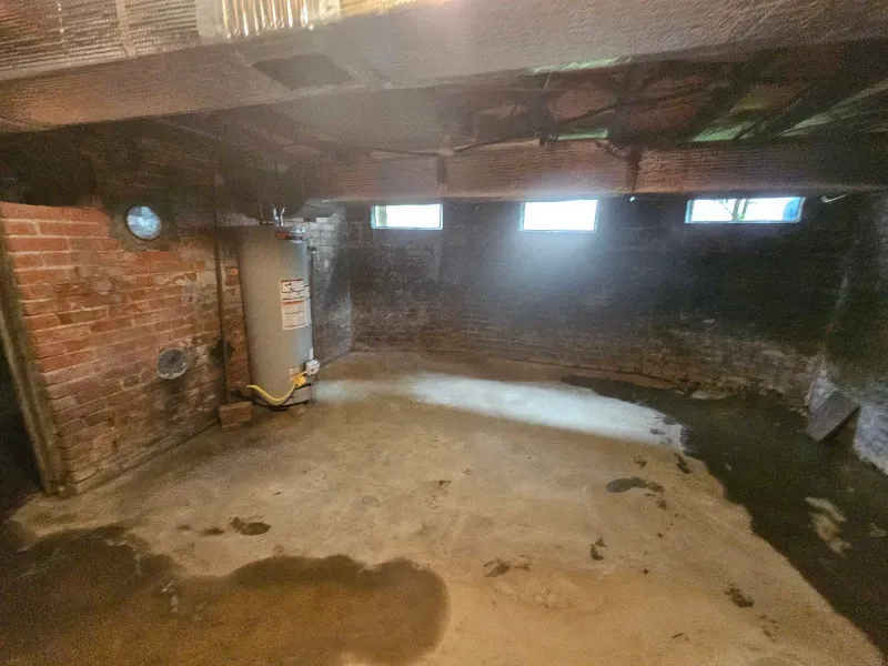 Damp basement with brick walls, concrete floor, water heater, and small windows letting in light.