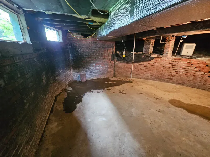 Damp basement with brick walls, concrete floor, and water stain. Overhead beams and small window visible.