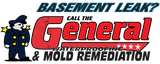 Advertisement: "Basement Leak? Call The General" with a cartoon general in uniform. Services include waterproofing and mold remediation.