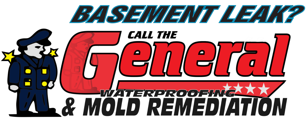 Advertisement: "Basement Leak? Call The General" with a cartoon general in uniform. Services include waterproofing and mold remediation.