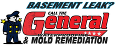 Advertisement: "Basement Leak? Call The General" with a cartoon general in uniform. Services include waterproofing and mold remediation.