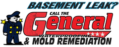 Advertisement: "Basement Leak? Call The General" with a cartoon general in uniform. Services include waterproofing and mold remediation.