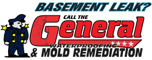 Advertisement: "Basement Leak? Call The General" with a cartoon general in uniform. Services include waterproofing and mold remediation.