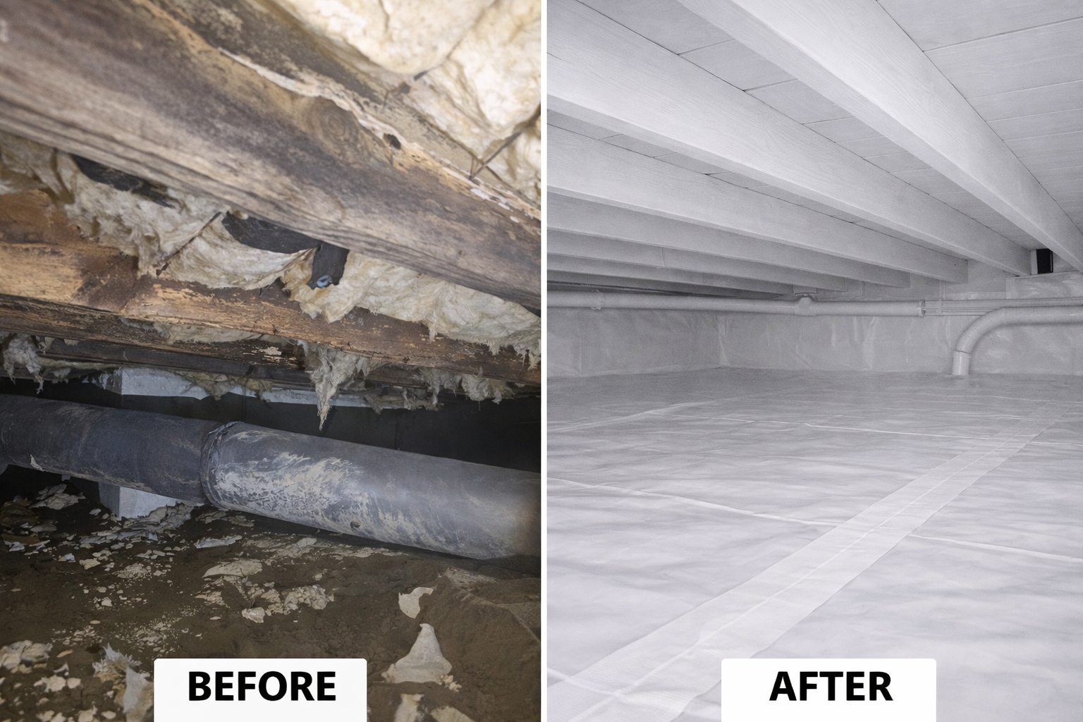 Corner of a basement with white walls and a concrete floor. A dark strip lines the floor where the walls meet.