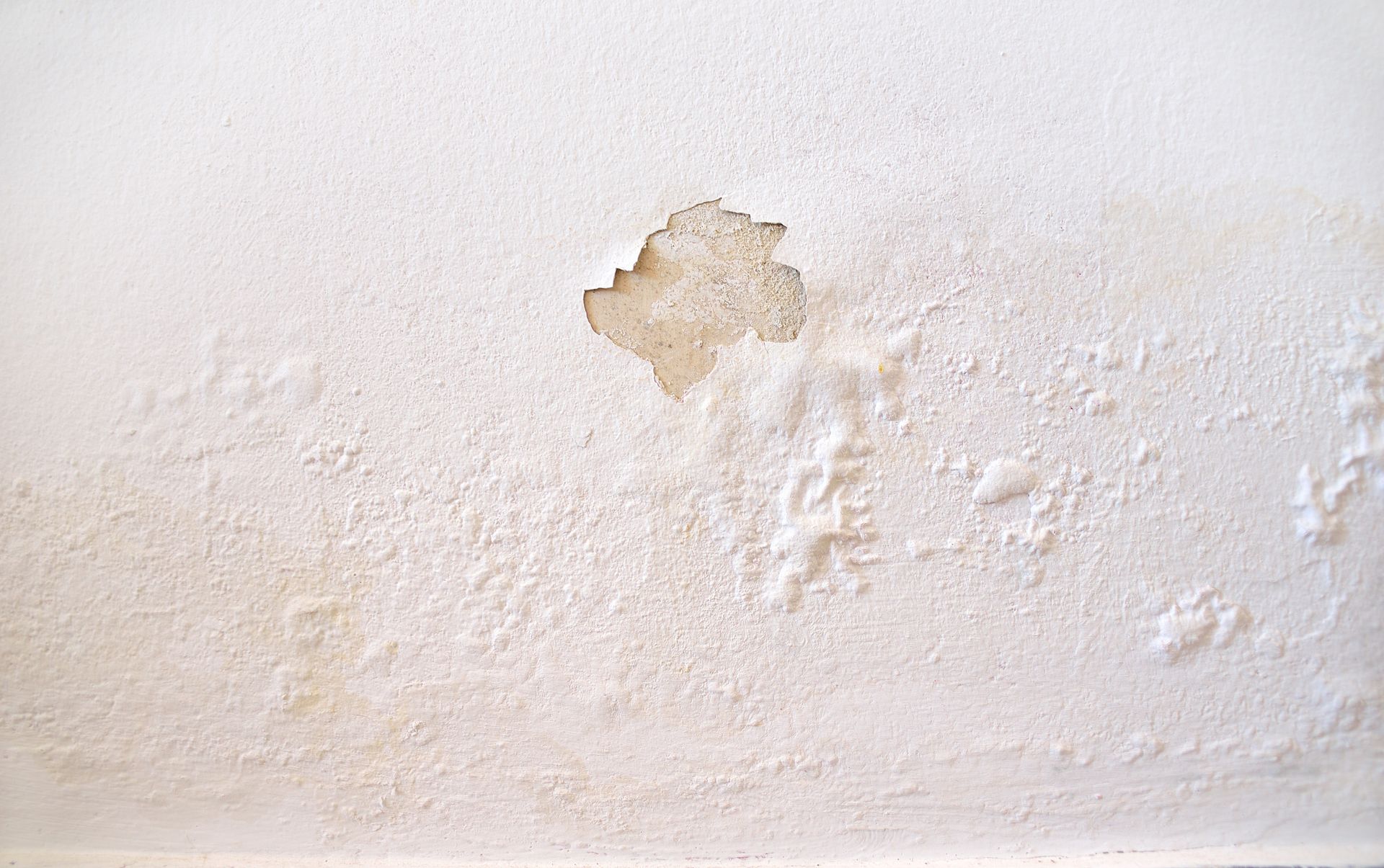 White wall with peeling paint, revealing the underlying layer.