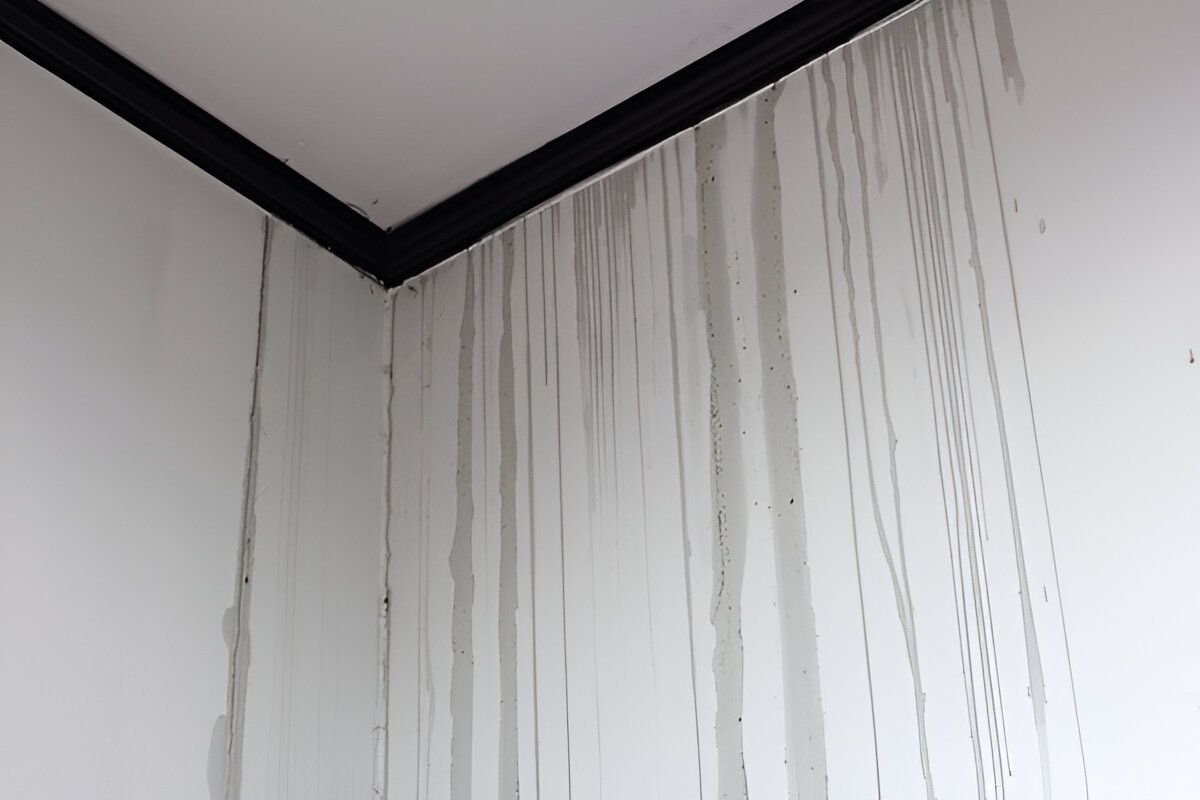 White walls with water streaks in the corner, potentially indicating a leak. Black trim at the ceiling.