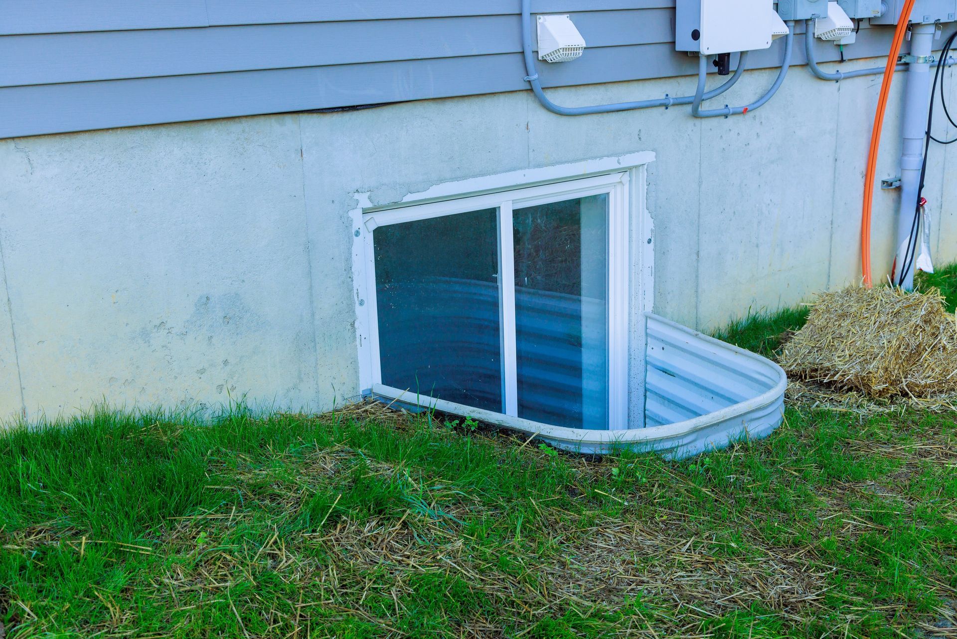 Basement window with white frame and corrugated metal well. Grass and light blue siding surround it.
