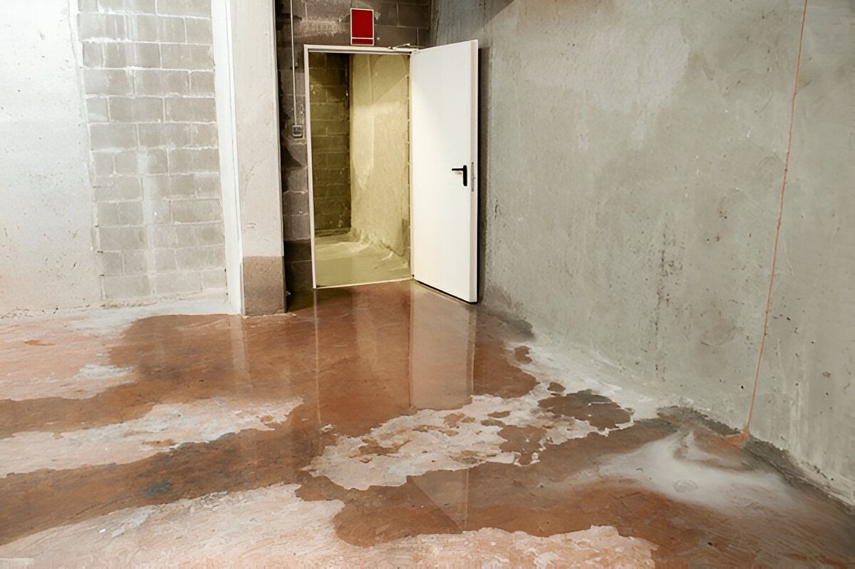 Flooded basement with water covering the floor, open door, and gray cinder block and concrete walls.