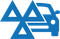 A blue triangle with a car inside of it on a white background.