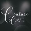White “Couture Cave” script on a dark smoky background with soft light spots