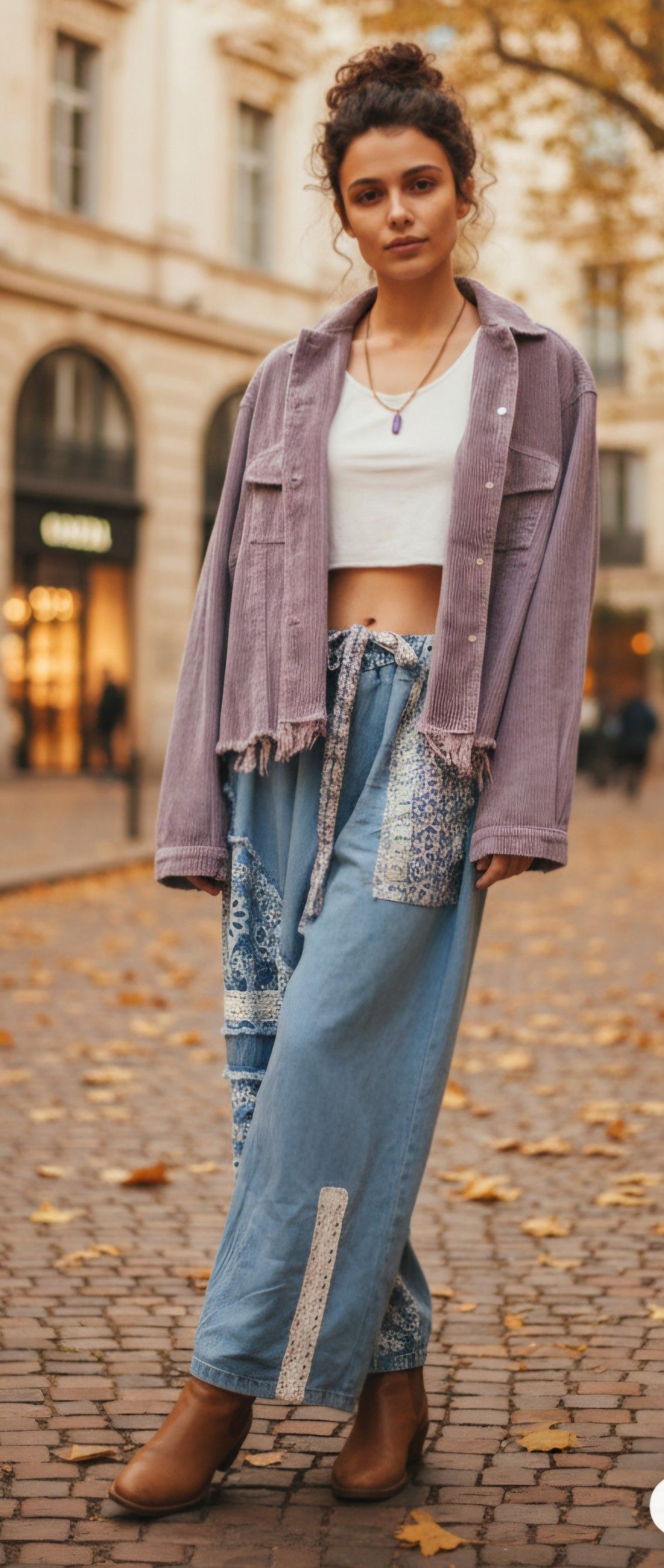 Woman in a crop top, jacket, and patchwork pants stands on a brick road. Background is a building.