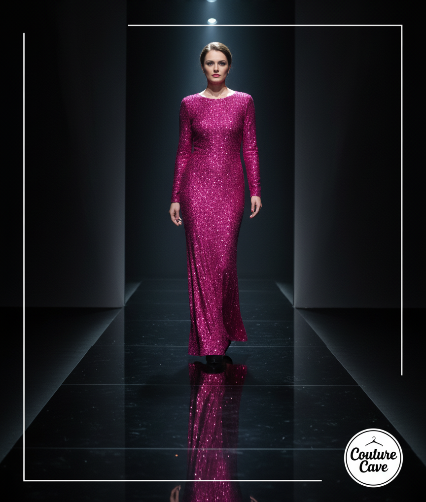 Four women in evening gowns pose on a grand staircase. The gowns are red, black, green, and cream-colored.