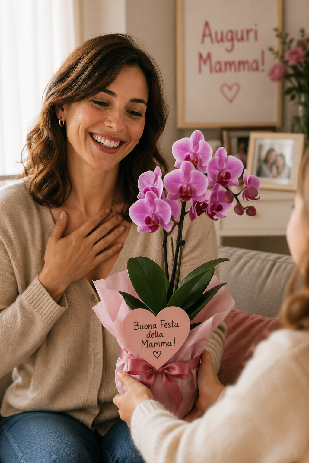 Un'orchidea in vaso con fiori rosa intenso e foglie verdi su uno sfondo blu scuro.