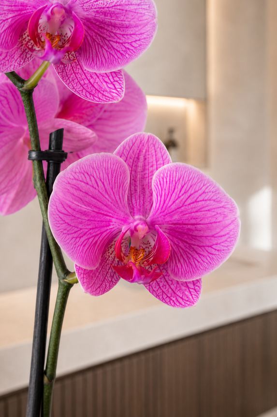 Orchidea bianca in vaso grigio su un tavolo di marmo in un soggiorno moderno.