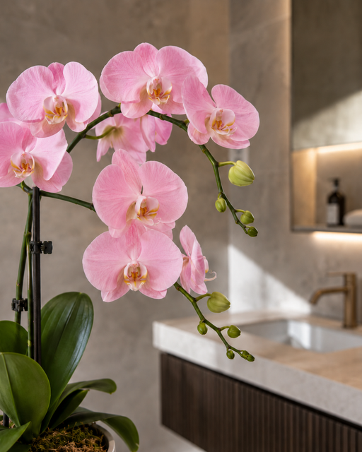 Un'orchidea rosa sboccia in un bagno moderno accanto a un lavabo e uno specchio in marmo.
