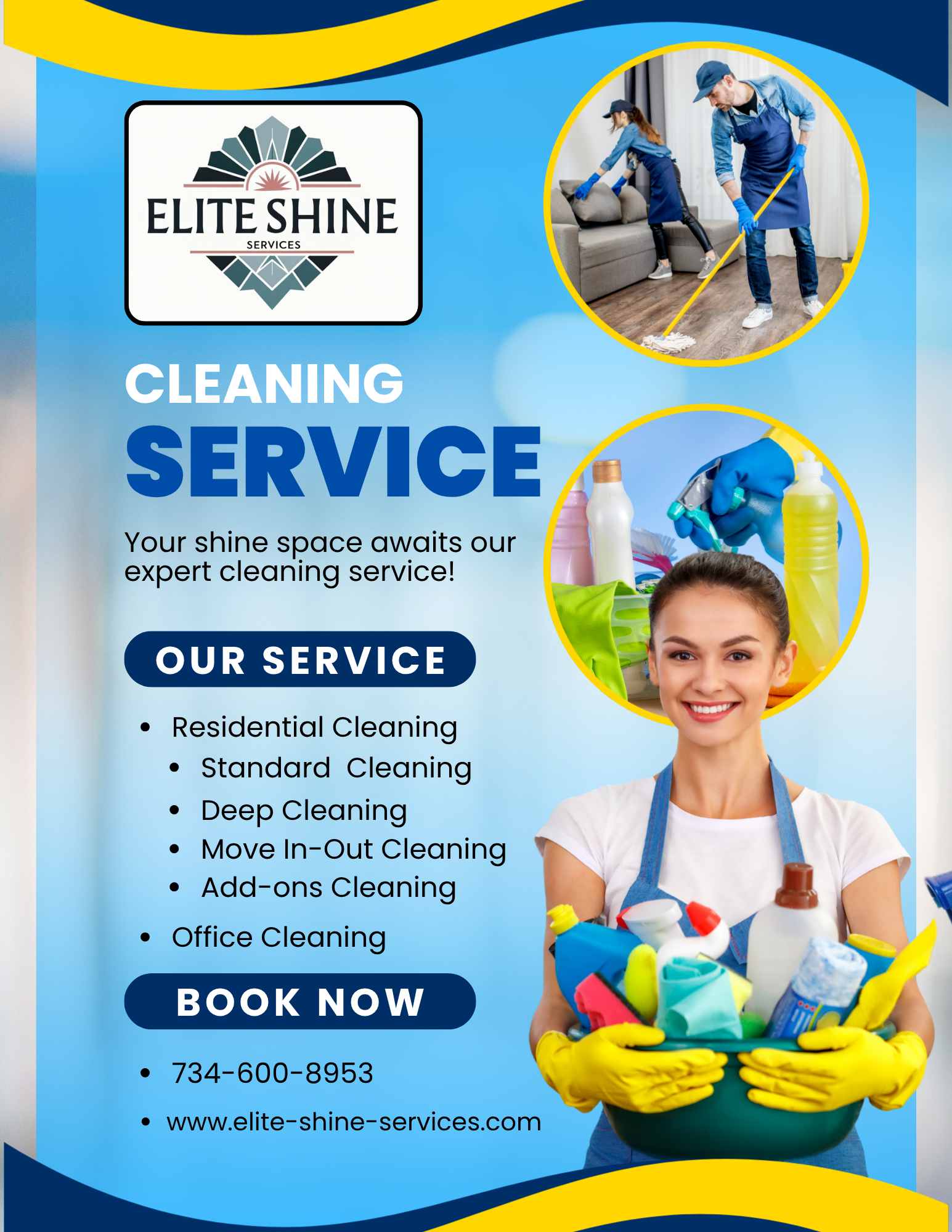 Cleaning service advertisement with a woman holding cleaning supplies and workers cleaning a home