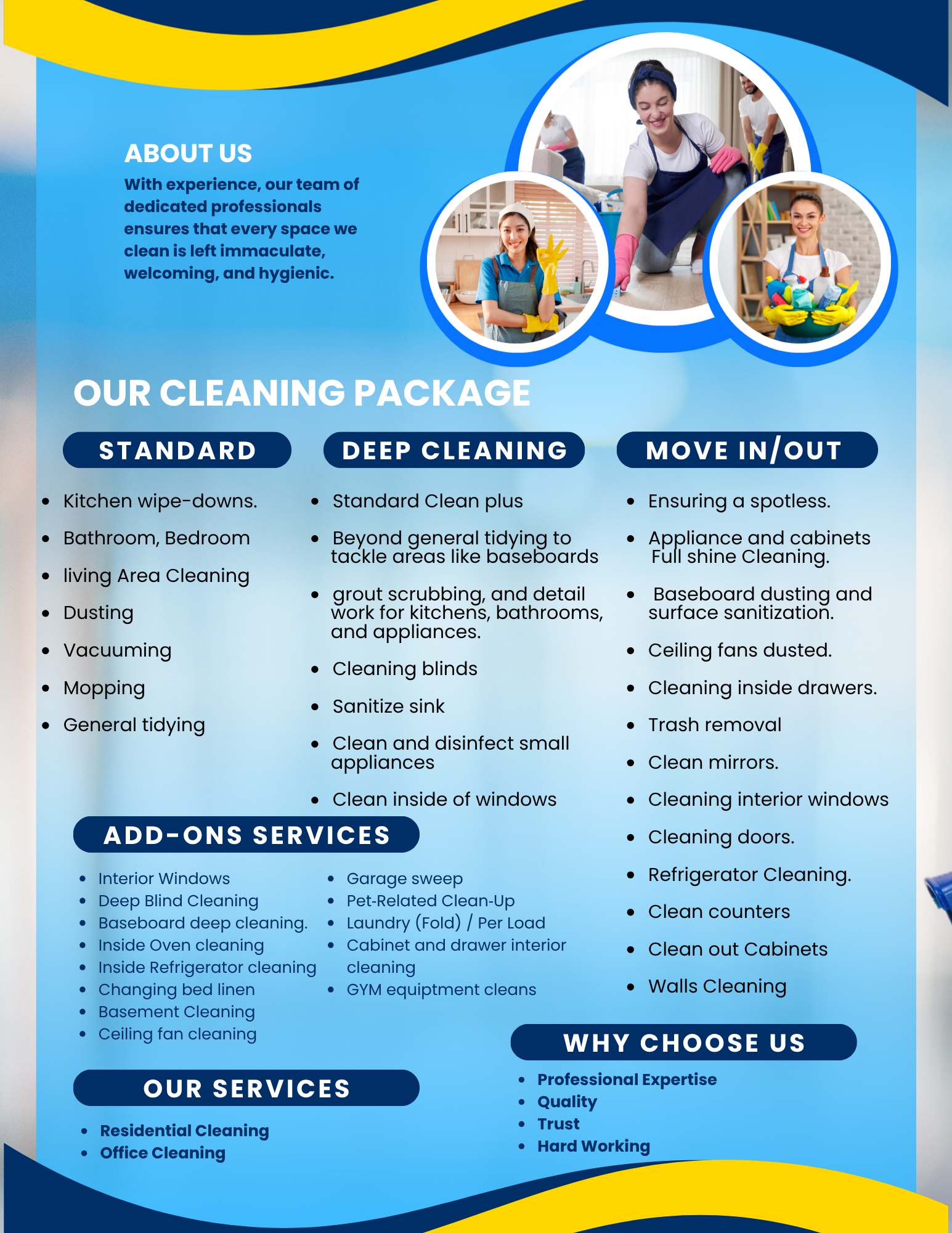 Cleaning service advertisement featuring packages and add-on services, with photos of cleaners. Blue background.