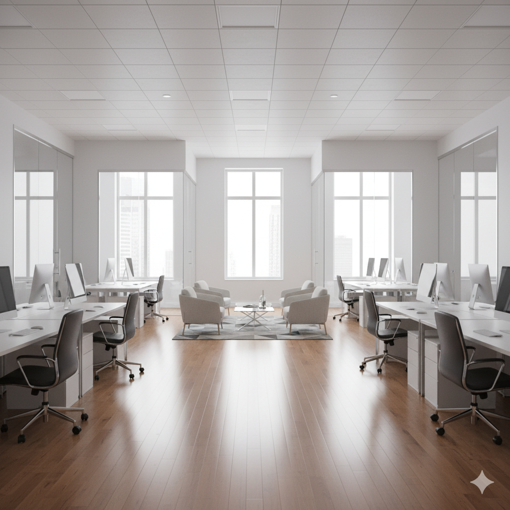Bright, modern office with desks, computers, chairs, and a central seating area. Wooden floor, large windows, white walls.