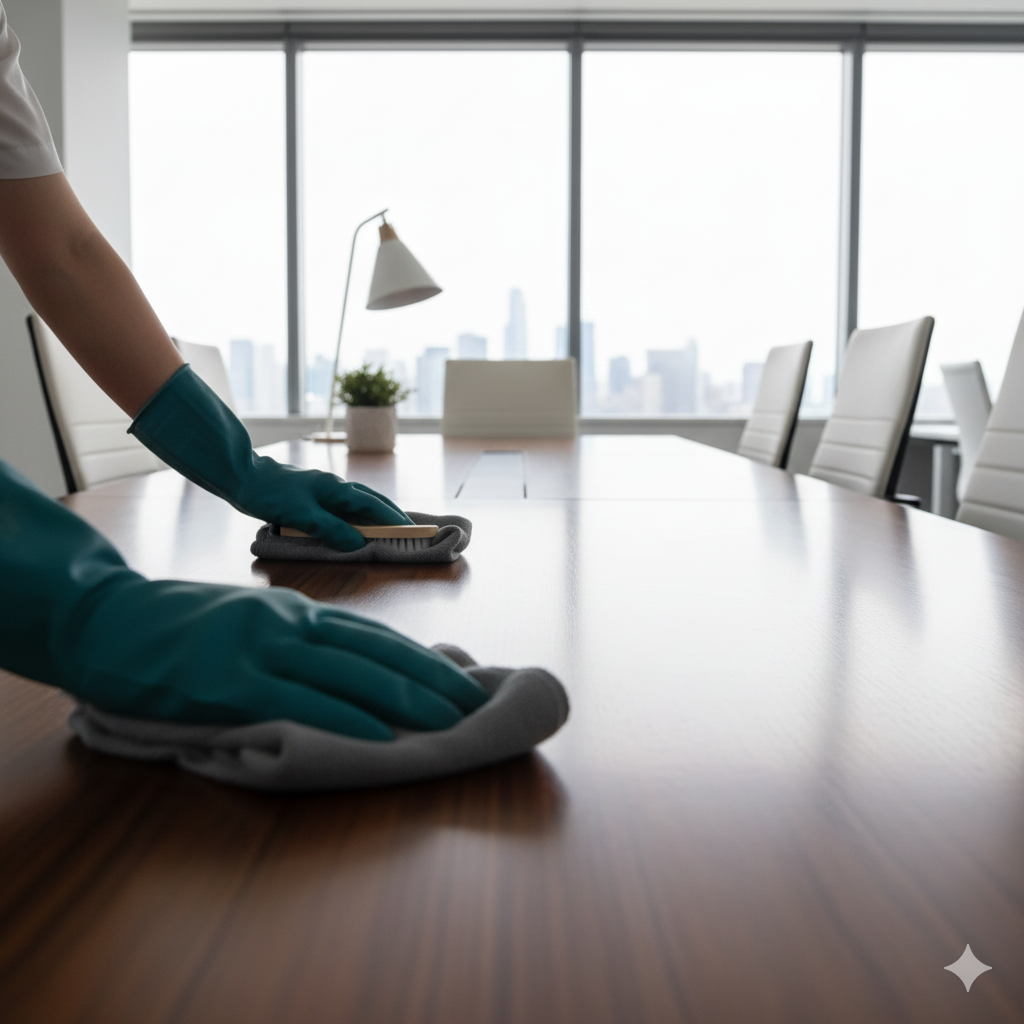 Hands in teal gloves cleaning a large conference table with a brush and cloth in a modern office.