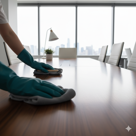 Hands in teal gloves cleaning a large conference table with a brush and cloth in a modern office.