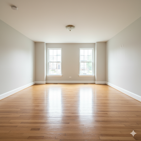 Empty room with hardwood floors, two windows, and neutral walls.