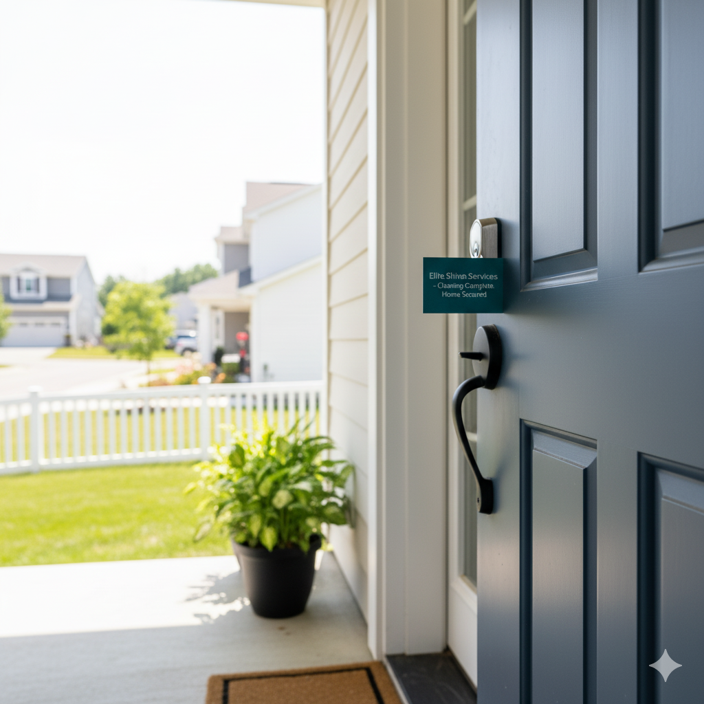 Blue front door with black handle and sign, facing a porch with a potted plant and grassy lawn.