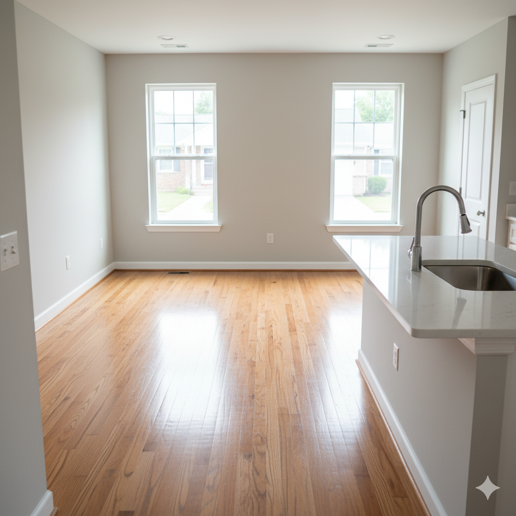 Empty room with hardwood floors, two windows, and kitchen island with a sink.