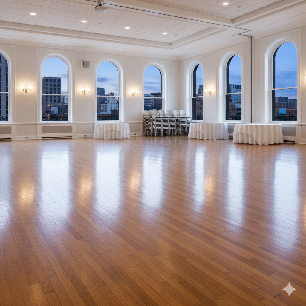 Empty ballroom with hardwood floor, arched windows, round tables with white linens, and city view.