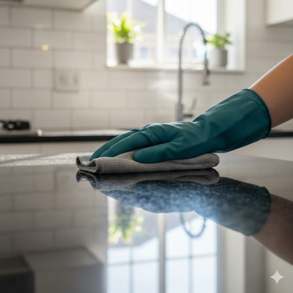 Hand in green glove wiping a dark countertop with a gray cloth in a kitchen.