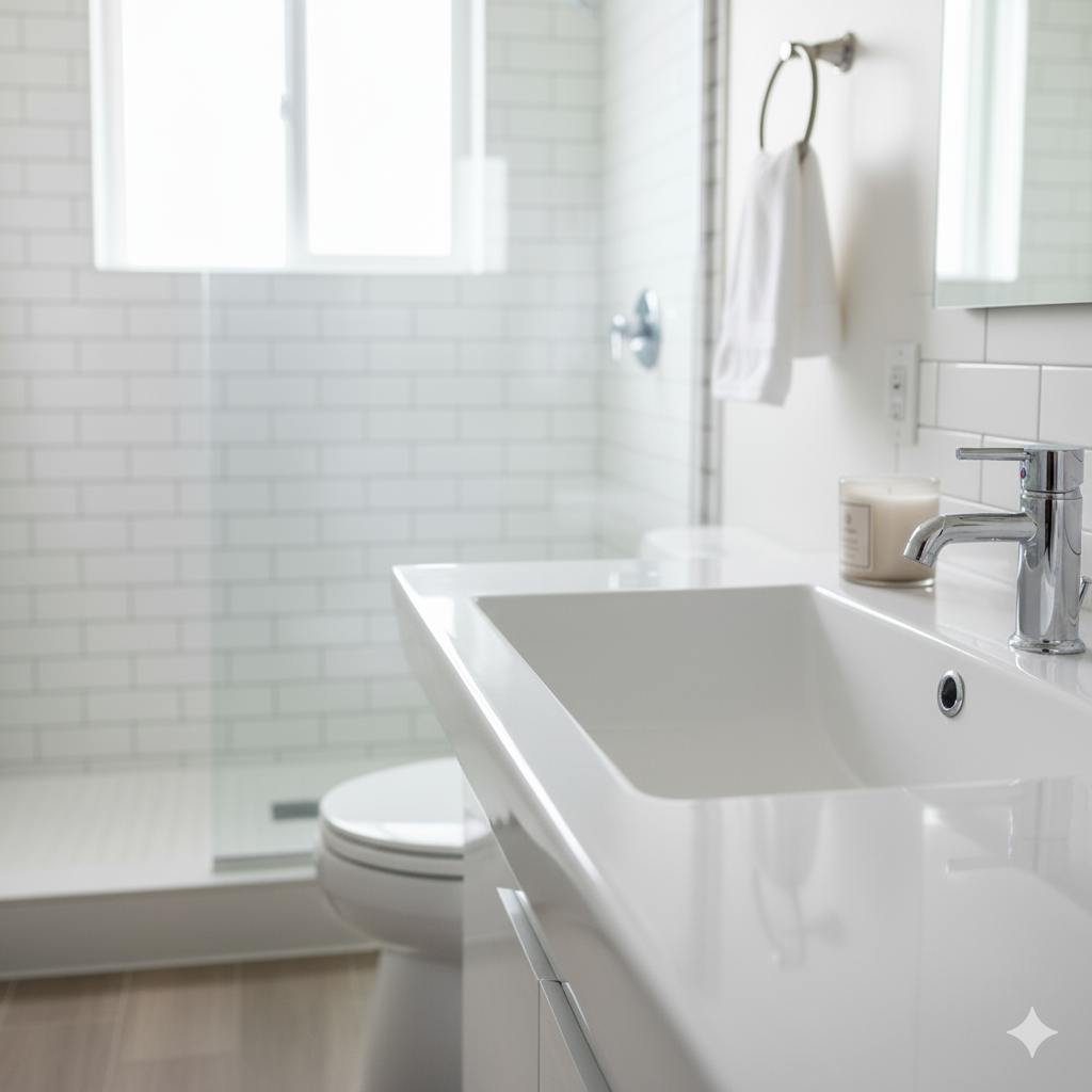 Modern white bathroom with sink, toilet, and glass shower.