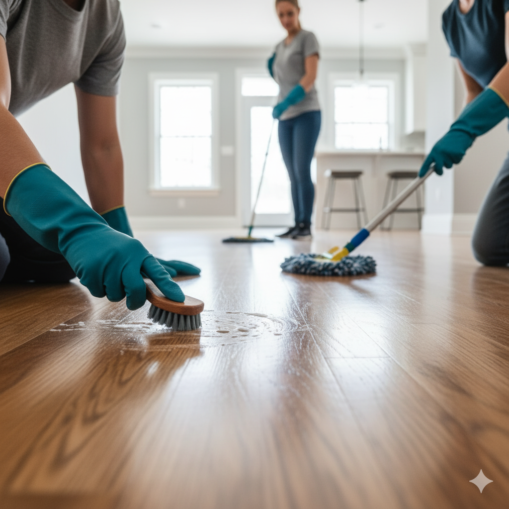 People wearing gloves clean a hardwood floor with a mop and brush in a home.