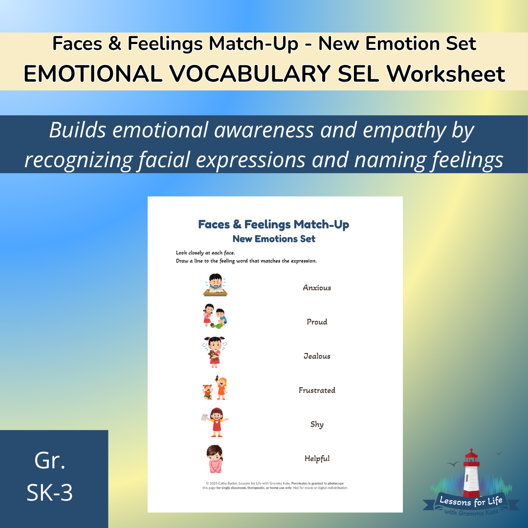 Faces & Feelings SEL worksheet featuring new emotions for Grades SK–