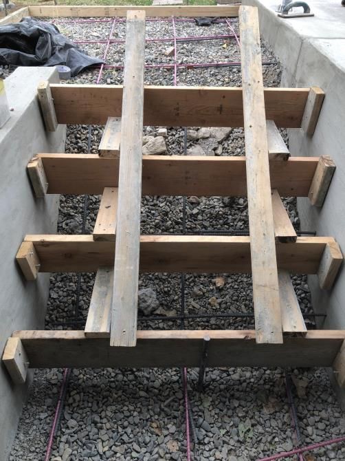 Wooden steps and rails under construction on a gravel base, viewed from above.