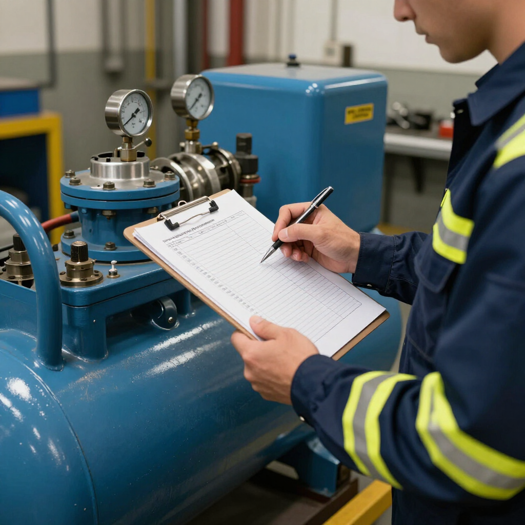 Técnico dando mantenimiento a compresor industrial