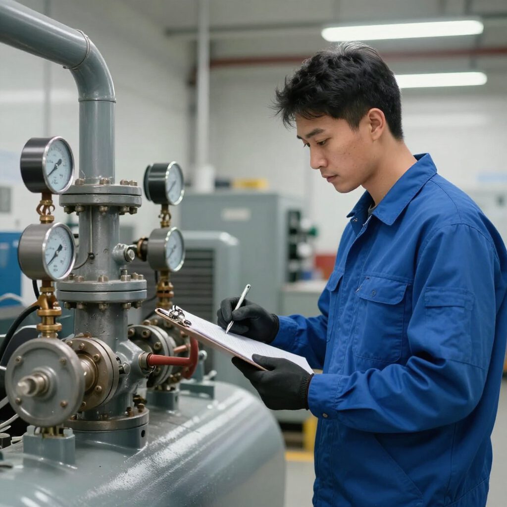 Técnico con checklist inspeccionando compresor