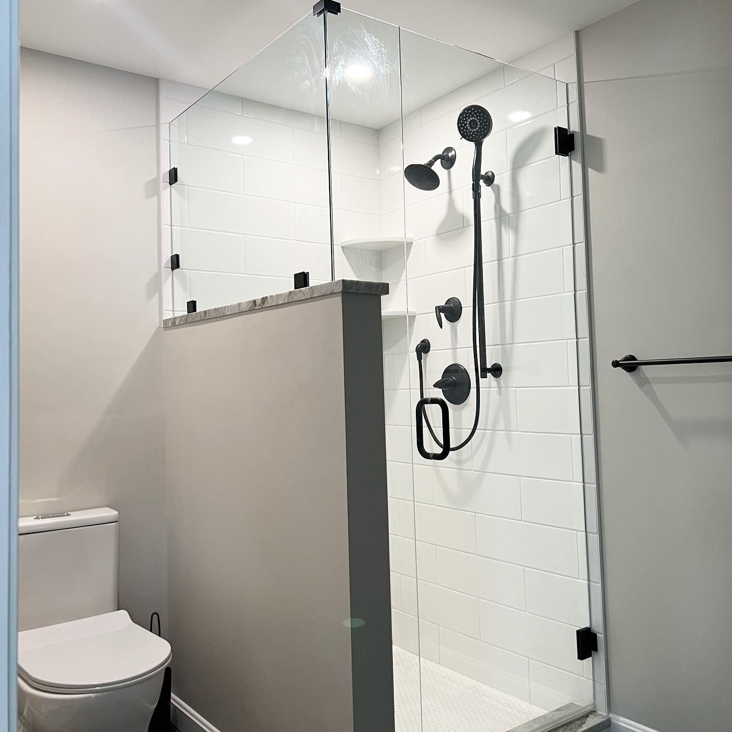 A bathroom with a toilet and a shower with a glass door.