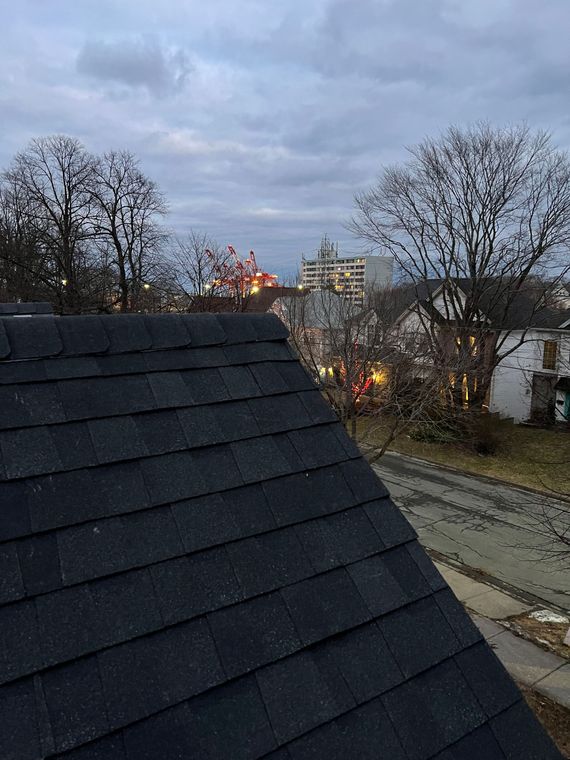 Rooftop view of a cloudy cityscape at dusk with leafless trees and streetlights.
