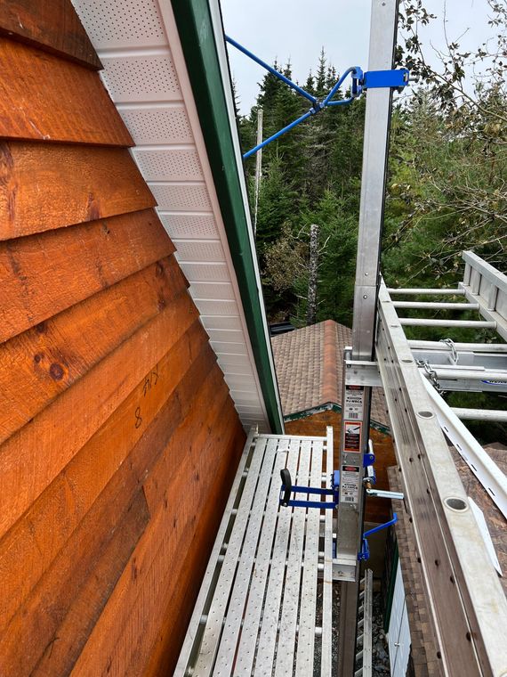 Ladder with scaffolding set up against a wood-sided house for exterior work.