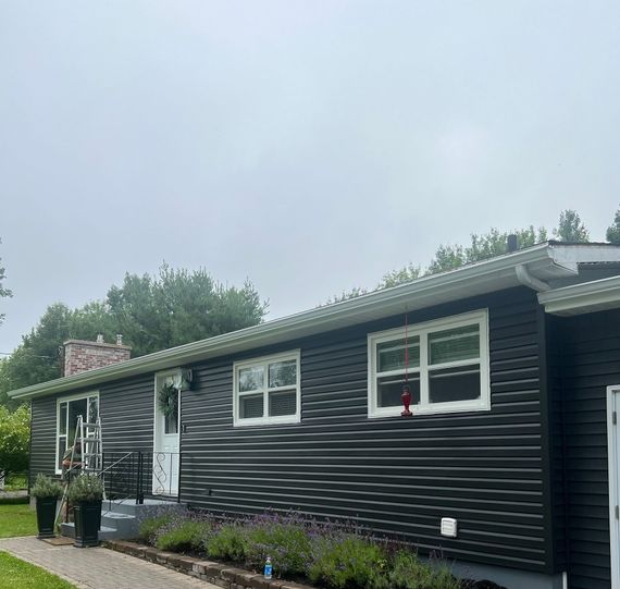 Black house with white-framed windows and door, under a cloudy sky. Purple flowers line the front.