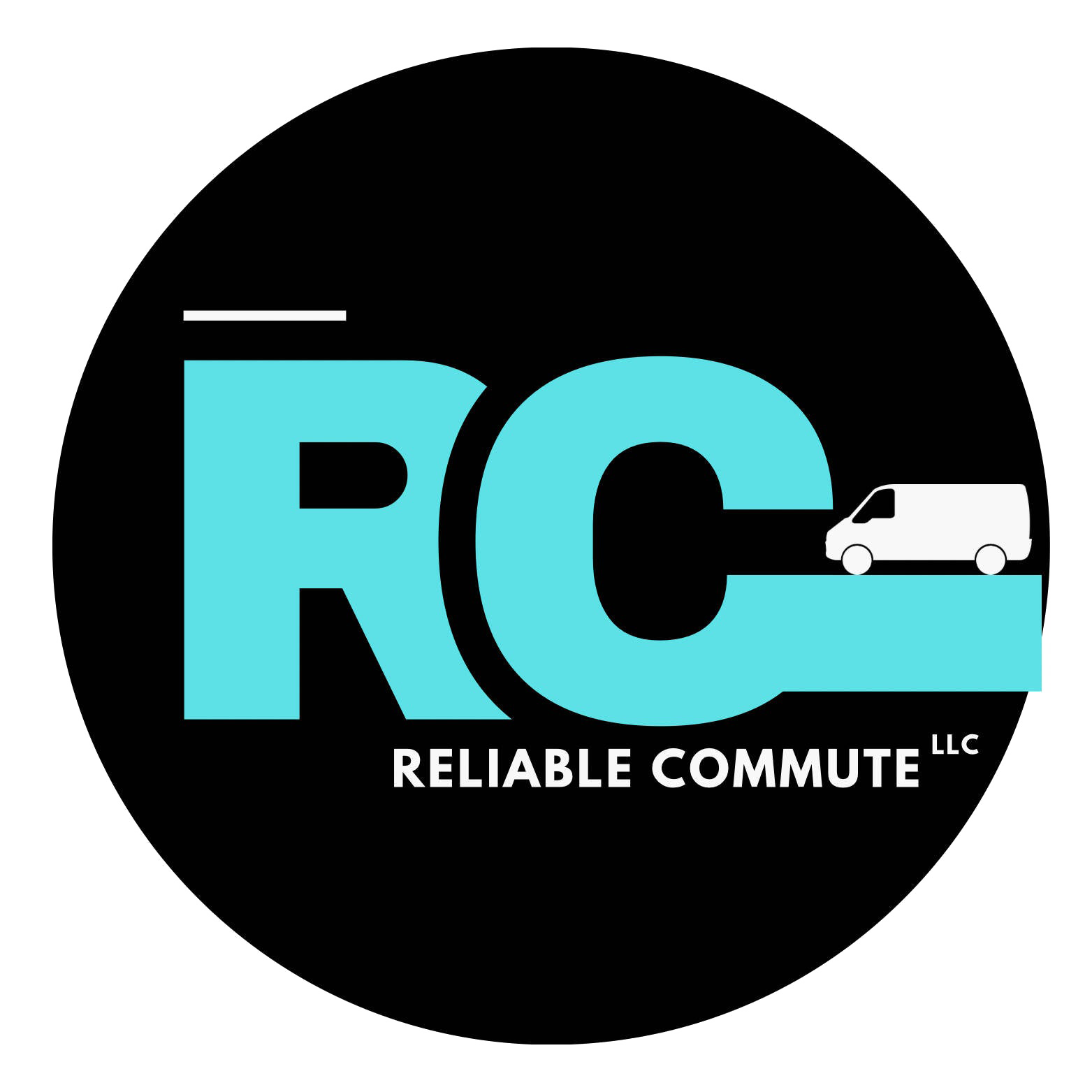Reliable Commute LLC logo with turquoise “RC” and a white van on a black circle background