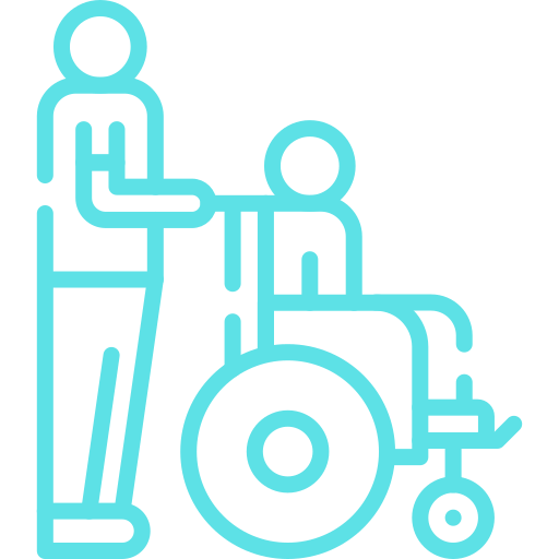 Turquoise accessibility icon showing a standing person helping a person in a wheelchair