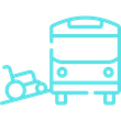Cyan line icon of a bus facing a wheelchair ramp or small vehicle on a white background