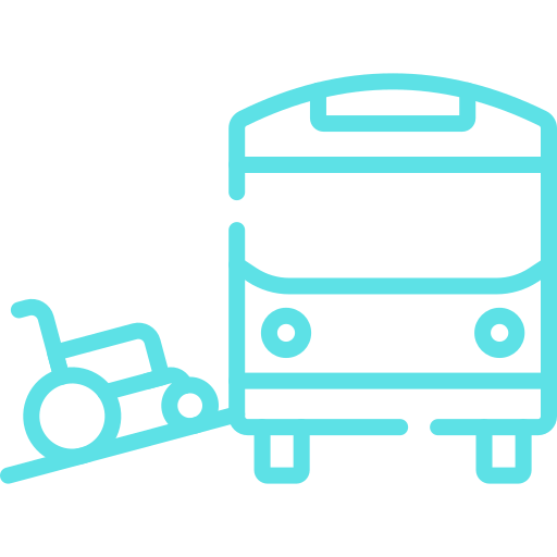Cyan line icon of a bus facing a wheelchair ramp or small vehicle on a white background