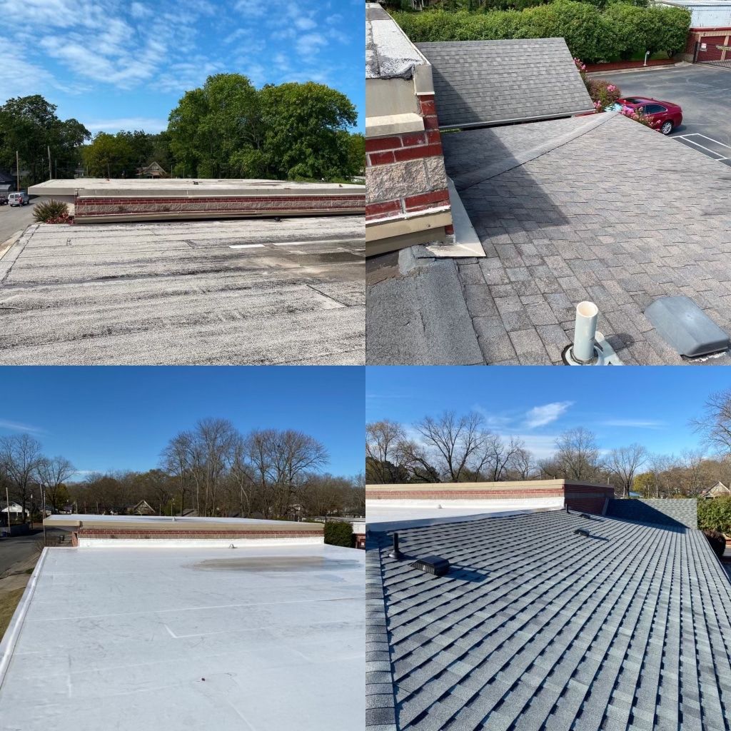 A collage of four pictures of a roof with trees in the background