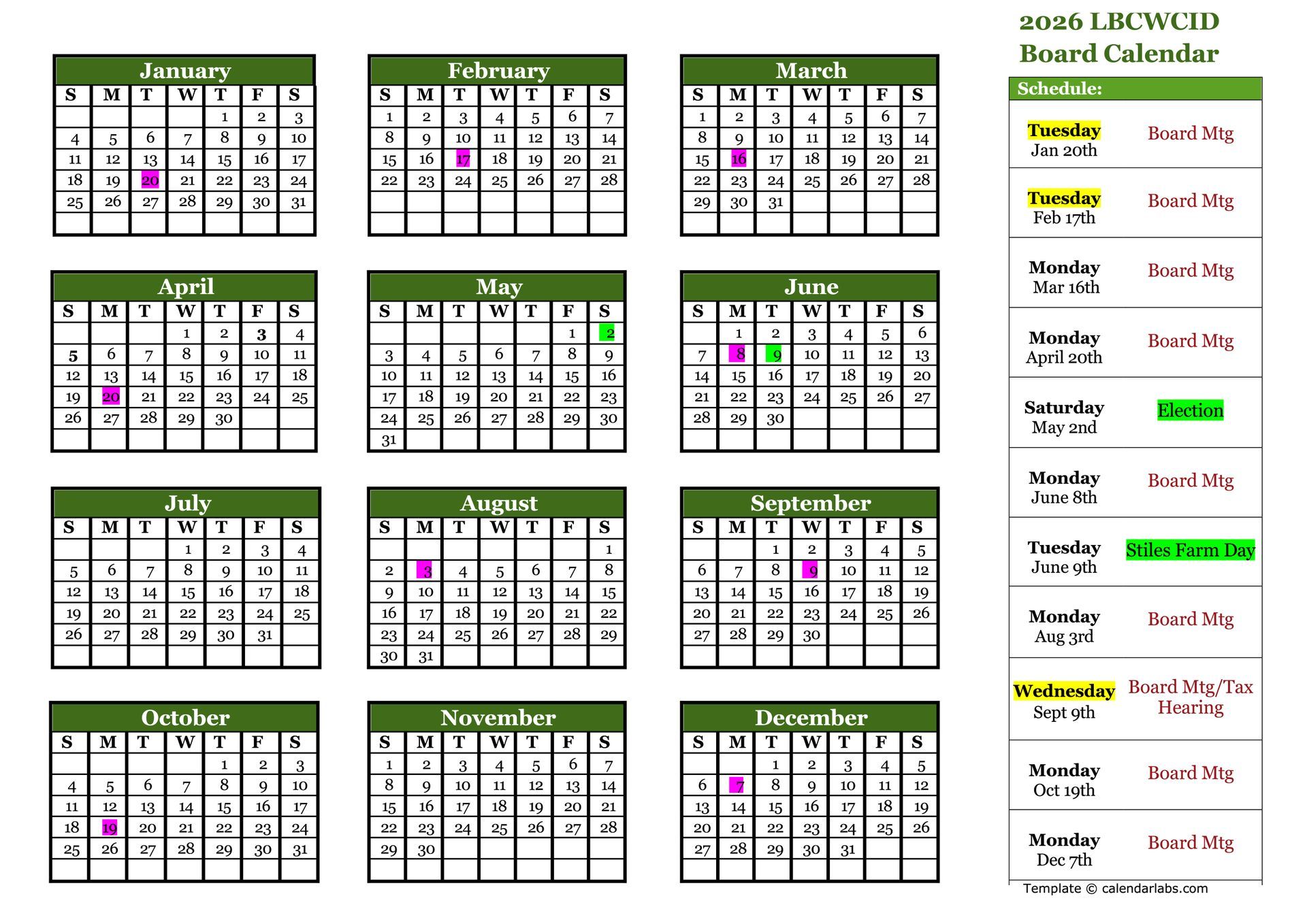 2016 LIDWCD Board Calendar with monthly grid views and a color-coded schedule list of board meetings and events.