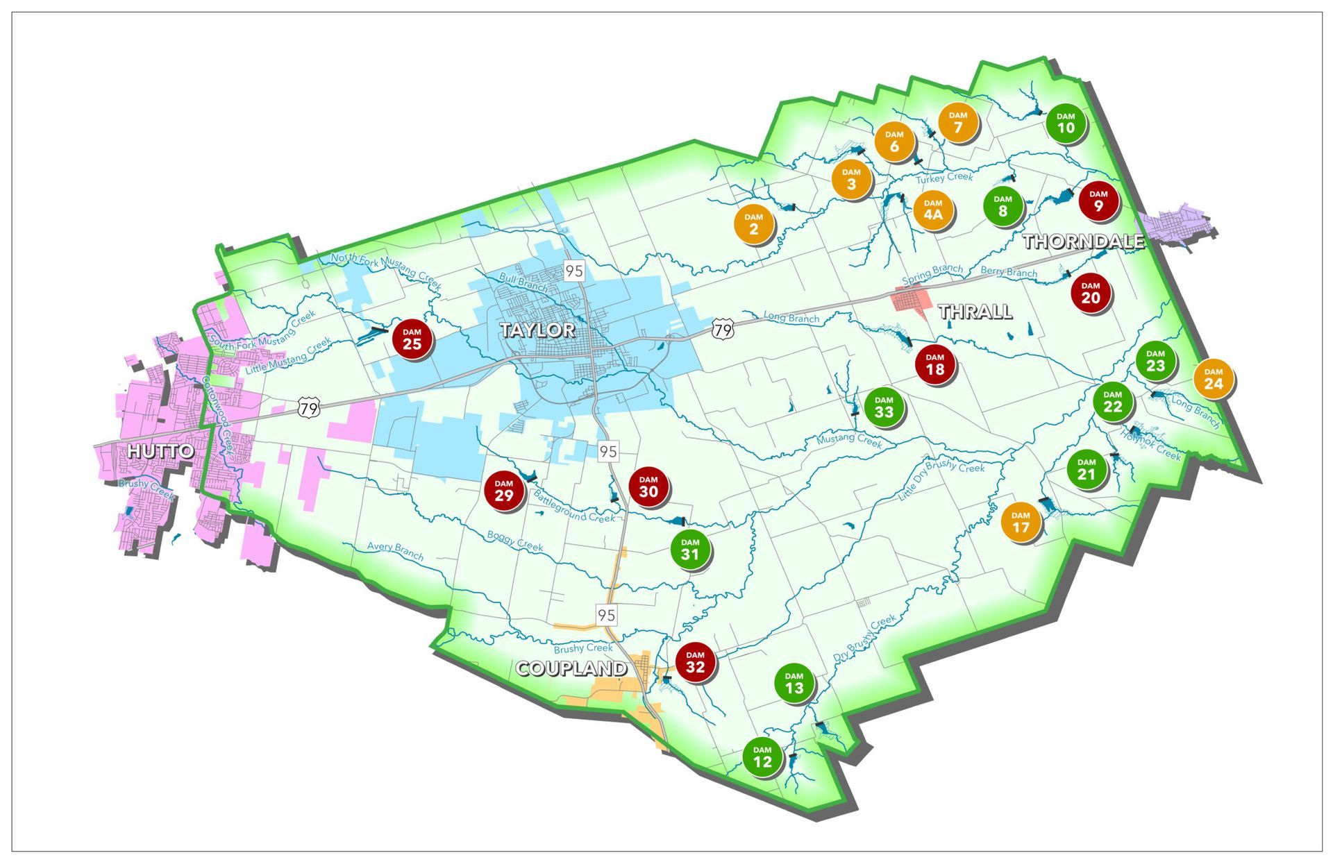Map of an area with labeled regions, featuring various colored circular markers indicating specific locations or data.